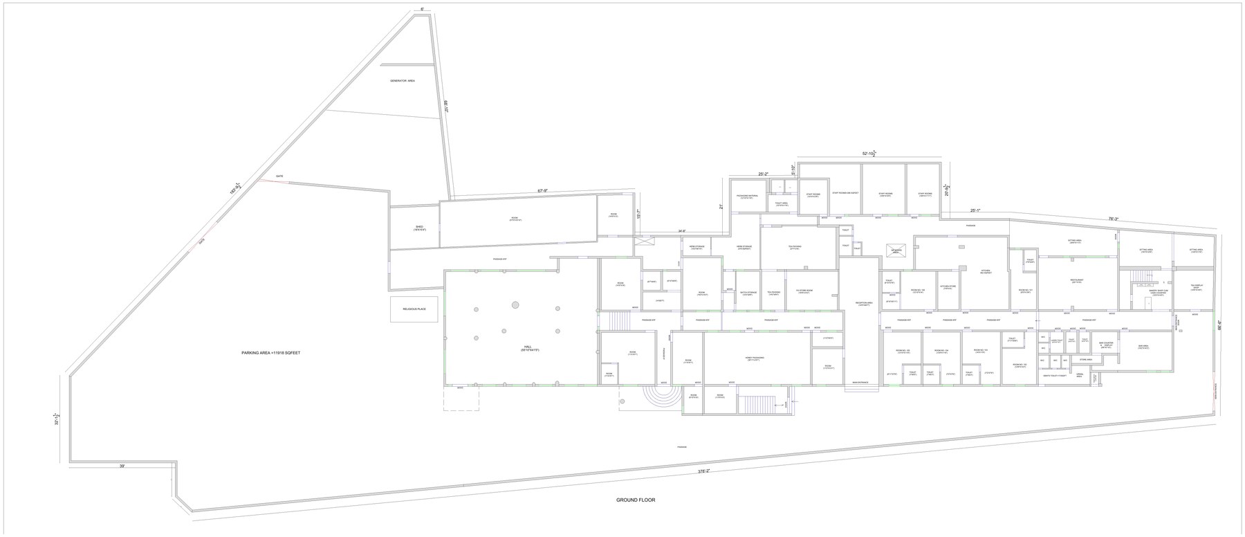 Ground floor measured drawing — parking, hall, tea-honey factory wing, and hotel block across the 378 ft NH-154 frontage