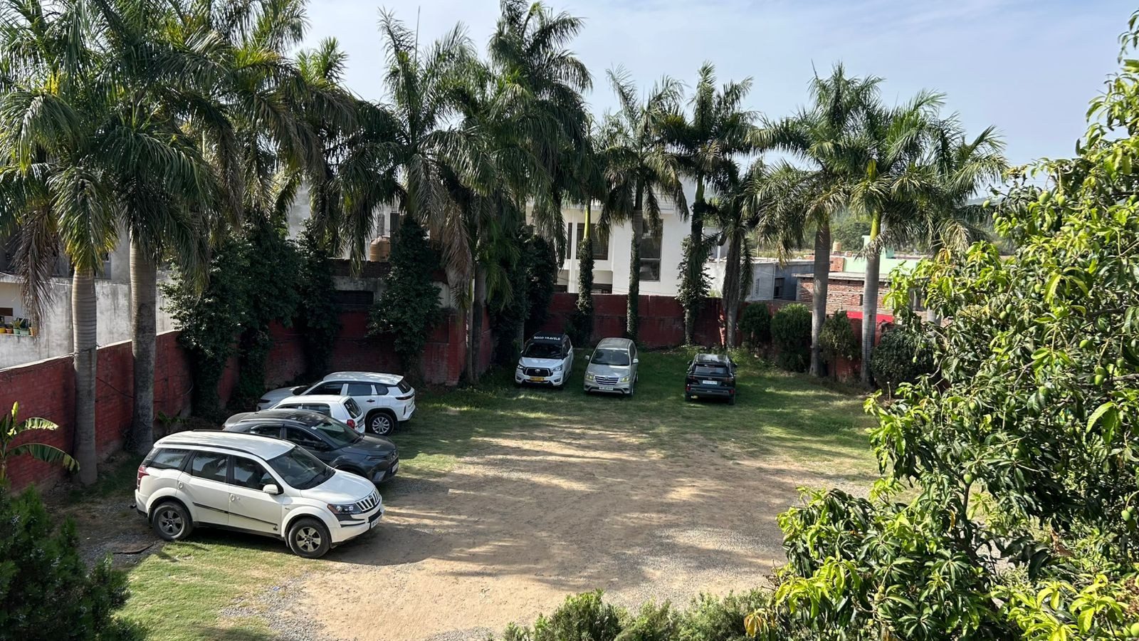 Palm-shaded walled parking forecourt