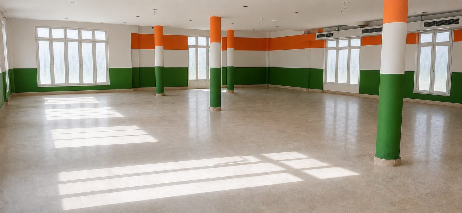 Rear pillared hall — column-supported open plan, windows on three sides, polished tile floor (~2,300 sq ft)